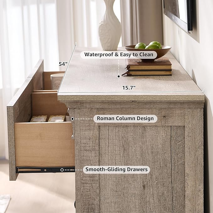 Farmhouse 6 Drawers Dresser for Bedroom, 54" Wide Large Dressers & Chests of Drawers w/Roman Column, Wooden Dresser TV Stand with Large Drawers for Nursery Bedroom Living Room Hallway,Light Rustic Oak