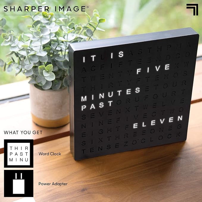 Sharper Image LED Word Digital Clock, 7.75", Black Finish, Light-Up Desk & Wall Clock, Modern Time Display, Shelf or Wall Decor for Home Office, Living Room, Kitchen & Bedroom, Housewarming Gift