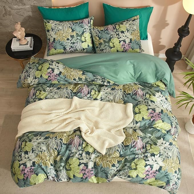 HighBuy Vintage Leaves Duvet Cover Twin Dark Green Boho Botanical Bedding Sets Country Style Green Comforter Cover with 2 Pillowcases Cozy Cotton Cottagecore Chic Farmhouse Bedroom Collection Twin