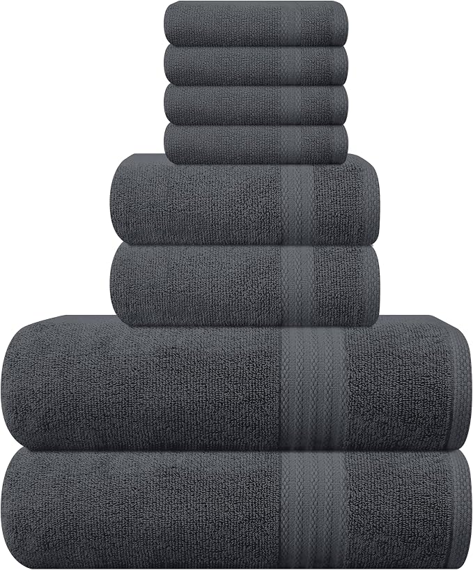 GLAMBURG Ultra Soft 8-Piece Towel Set - 100% Pure Ringspun Cotton, Contains 2 Oversized Bath Towels 27x54, Hand 16x28, 4 Wash Cloths 13x13 Ideal for Everyday use, Hotel & Spa -Charcoal Grey