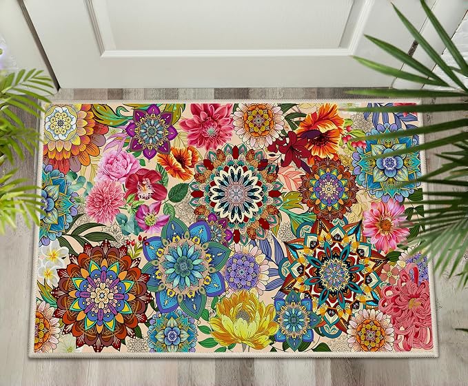 Boho Floral Door Mat 2x3, Colorful Flowers Indoor Entry Rug Non Slip Small Area Rug for Entryway Kitchen Bathroom Front Door Mats Indoor Entrance Washable Doormat Carpet Aesthentic