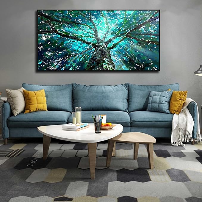 Tree Canvas Wall Art for Office - Green Picture Decor - Black Framed Wall Art Living Room Size 29" x 59"