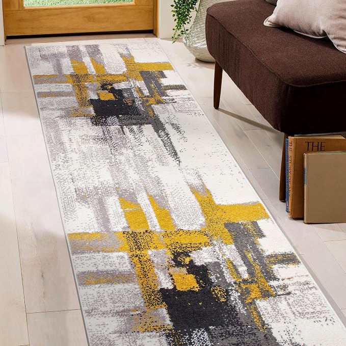 Rugshop Gold Modern Abstract Runner Rug — Non-Shedding for Narrow Hallway, Kitchen and Entryway 2' x 10'