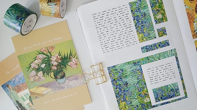WT Van Gogh Washi Tape Set, Original Design, 3 Rolls, Gold Foil, 30mm Wide Decorative Masking Tape, Bujo Planner Supplies, DIY Art Crafts Paper Tape, Adhesive Wrapping Tape, Journals Gifts