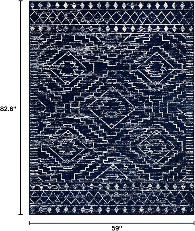Wonnitar Moroccan 5x7 Blue Rugs for Living Room, Washable Geometric Tribal Bedroom Area Rug, Large Non-Shedding Soft Low Pile Stain Resistant Carpet for Den Kitchen Home Decor (Blue,5'x7')