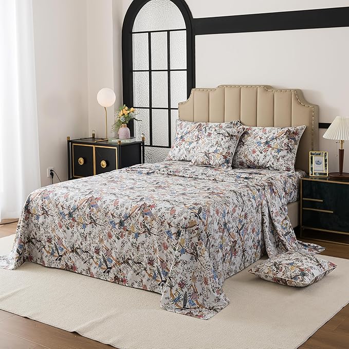 FADFAY Sheets Set Cal King Shabby Botanical Bird Floral Bed Sheets Vintage Mocha Mousse Branches Bedding Collections 100% Egyptian Cotton Breathable Soft 17.7" Deep Pocket 4Pcs, California King Size