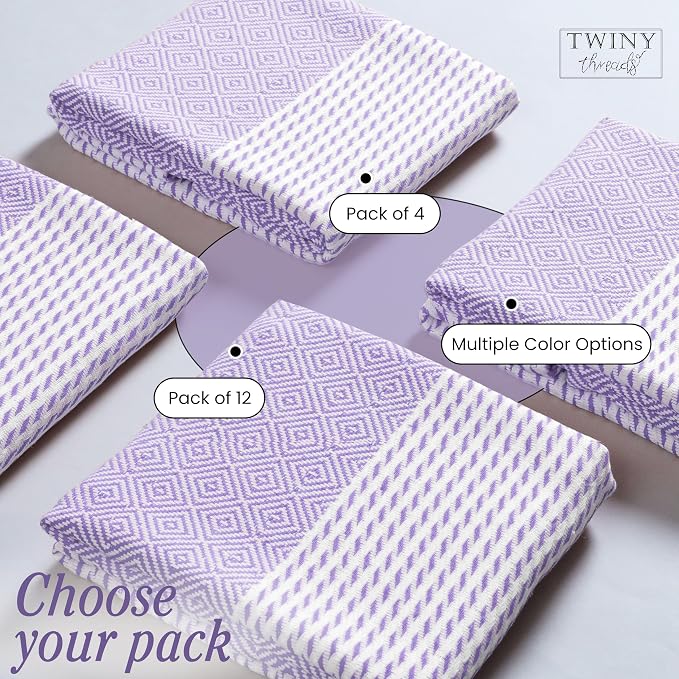 TWINY threads Kitchen Towel Diamond Pattern, Premium Large Kitchen Linen Set, 100% Cotton Wash Rags, Absorbent Quick Drying Cloths, Washable Reusable Multi Purpose, Set of 4, 18x26 Inches, Lavender