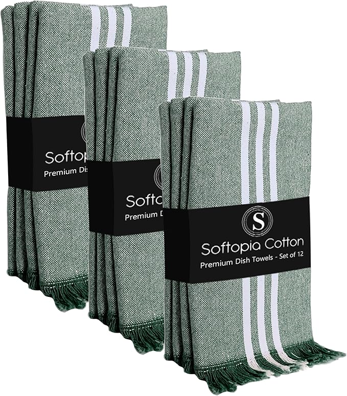 Stripe Kitchen Towels 12 Pack, 16x26 Inches, Cotton Dish Cloths, Absorbent Drying Rags, Reusable and Washable Tea Towels, Cleaning Cloths for Daily Kitchen Use - Forest Green