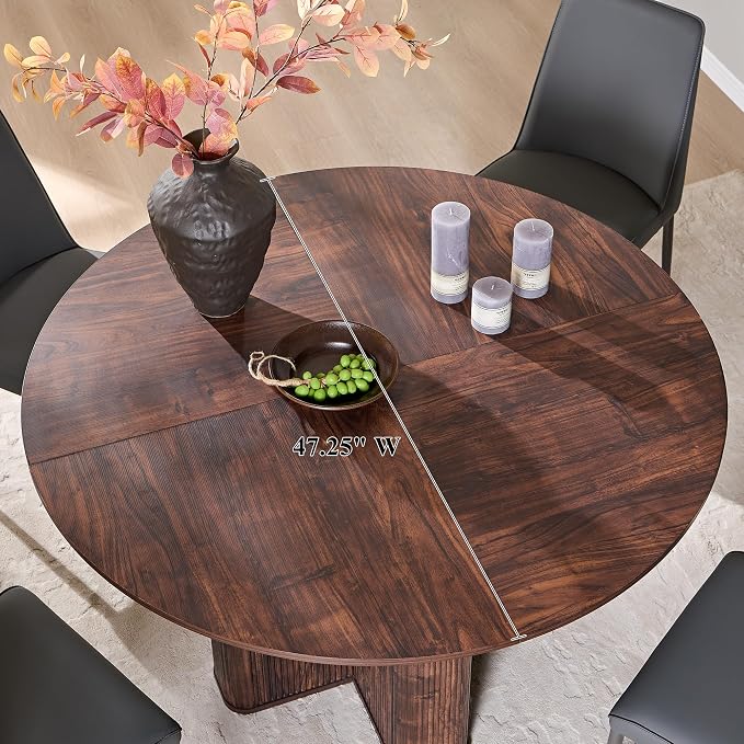 T4TREAM 47" Fluted Round Dining Table for Kitchen Living Room, Dark Walnut | Mid Century Modern Kitchen Table,Seats 4-6,Thickened Edge and Sturdy Reeded Pedestal Base