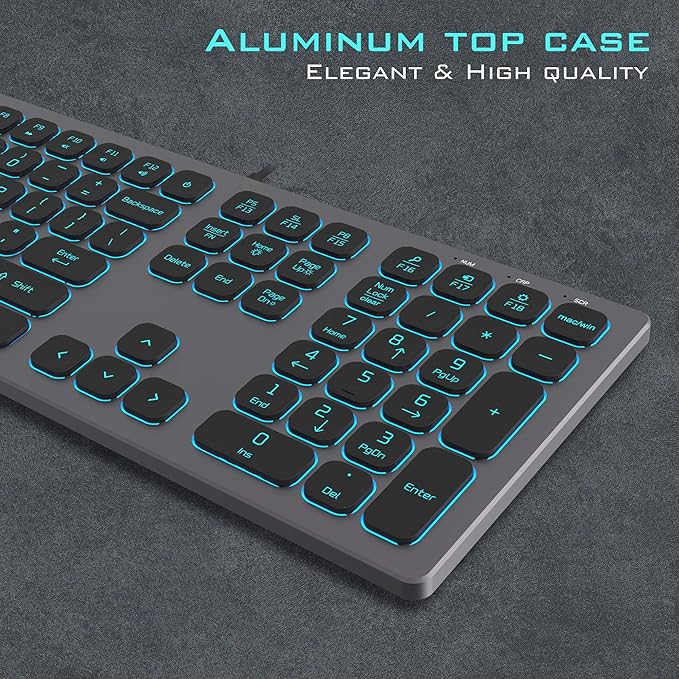 Aluminum Quiet Wired Keyboard Backlit- Slim Chiclet Keyboard Compatible with Apple iMac, MacBook, Mac and PC, USB Numeric Keypad RGB Lighted Key - Space Gray