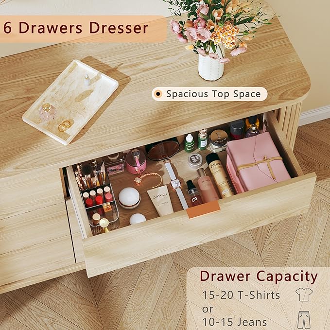 Fluted 6 Drawers Dresser for Bedroom, 55" Mid Century Modern Dresser & Chests of Drawers, Curved Profile Design, Dressers TV Stand, Wood Storage for Hallway, Entryway, Oak