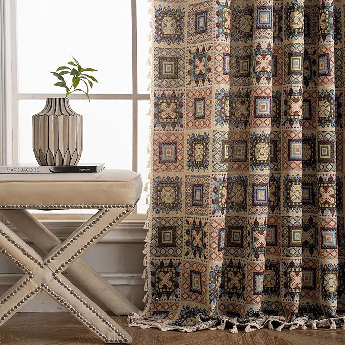 ENJOYBRIDAL Patchwork Curtains 84 Inches Long 2 Panels Semi Sheer Bedroom Drapes Rod Pocket Farmhouse Jacquard Bohemian Window Curtain Panels Light Filtering Beige Boho Living Room Window Treatments
