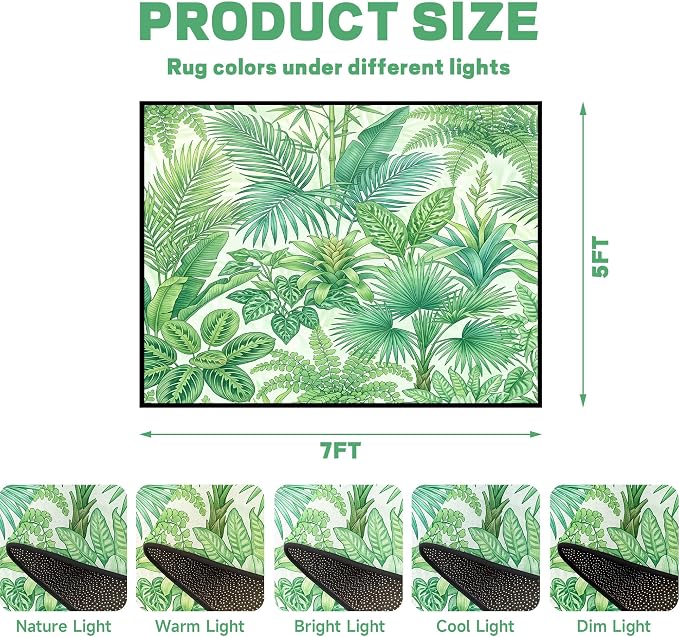 Tropical Leaves Area Rug 5'x7' Green Botanical Palm Fern Leaf Rug Non Slip Washable Indoor Floor Mat for Bedroom Living Room Nursery Kitchen Playroom Home Decor