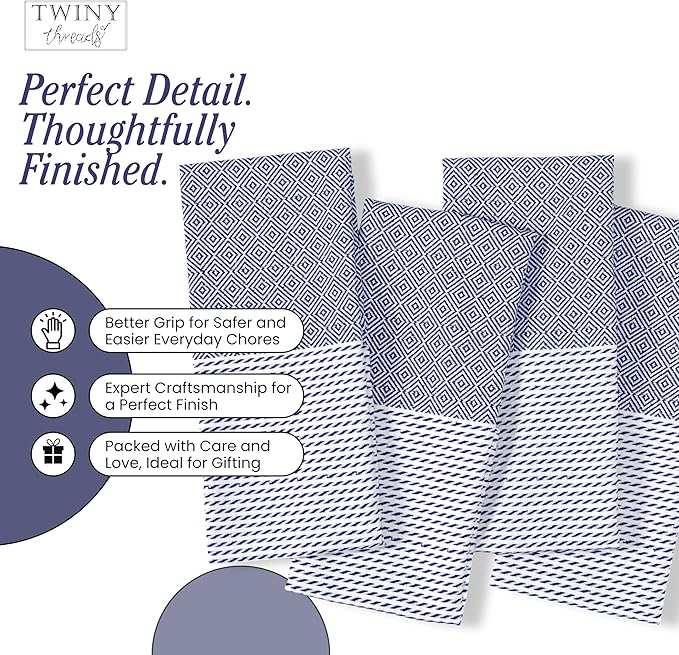 TWINY threads Dish Towel Diamond Pattern, Premium 100% Cotton Kitchen Linen Set, Large Wash Rags for Drying Dishes, Absorbent Quick Drying, Reusable, 4 Pack, 18"x26", Indigo Blue