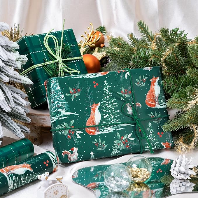 LeZakaa Green Christmas Wrapping Paper Roll, Fox, Squirrel, Reindeer & Chrismas Tree, Green Plaid for Winter Holiday Party, 17 x 120 inches, 3 Mini Rolls