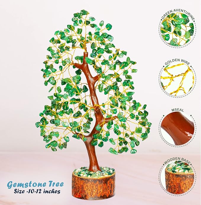 Healing Crystal Money Trees Feng Shui Gift Handmade Reiki Crystals & Stone Home Office Table Décor Good Luck Throat Chakras (Green Aventurine Golden Wire)