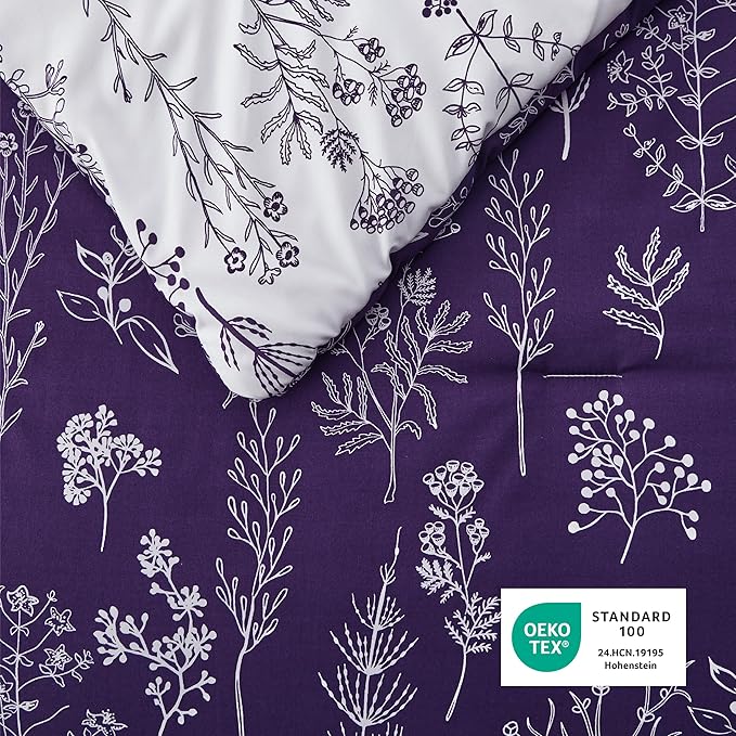 Bedsure Twin/Twin XL Comforter Set - Dark Purple Bed Set, 2 Pieces Cute Floral Bedding, 1 Soft Reversible Botanical Flowers Comforter and 1 Pillow Sham