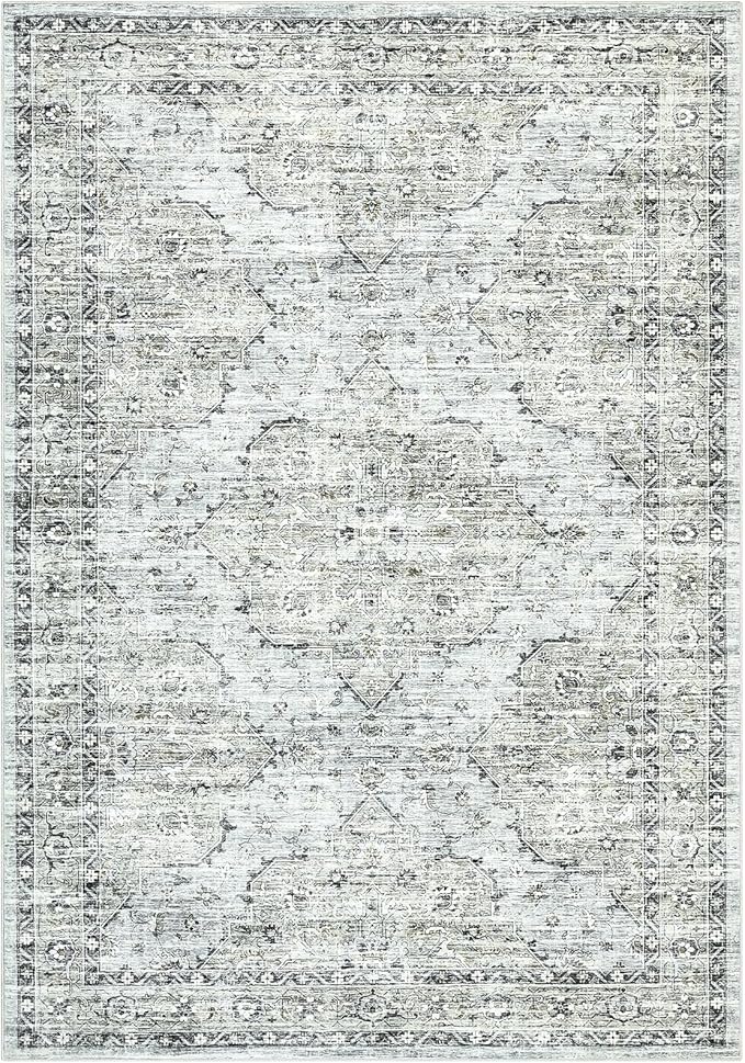Washable 5x7 Area Rug Boho Vintage Area Rug Soft Living Room Non-Slip Dining Room Floor Carpet Low Pile Non Shedding Boho Accent Rug Oriental Indoor Carpet for Bedroom Home Decor Office, Blue Brown