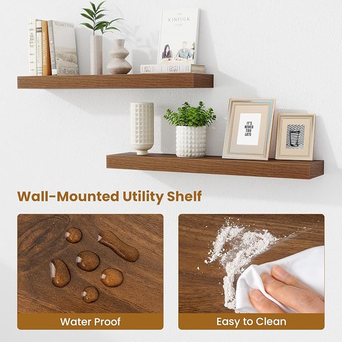 Fun Memories Floating Shelves 30 Inch, Wall Mounted Wood Shelf Set of 2, Farmhouse Decor for Bathroom, Bedroom, Kitchen, Living Room, Walnut