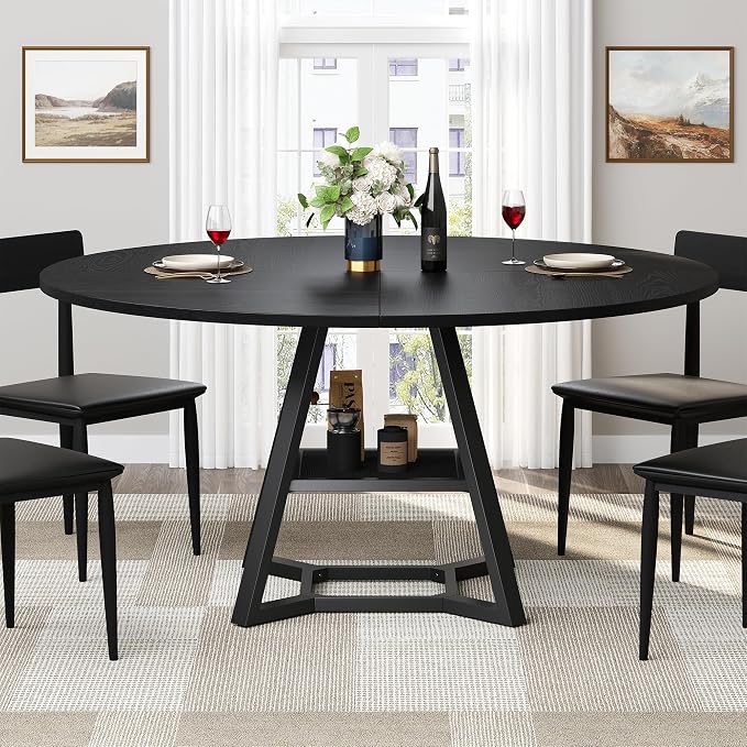 knoworld 51'' Round Dining Table, Kitchen Tables Dining Room Circle Dinner Table with Pedestal Metal Frame, Space Saving Wood Industrial Kitchen & Dining Room Tables, Black 51In