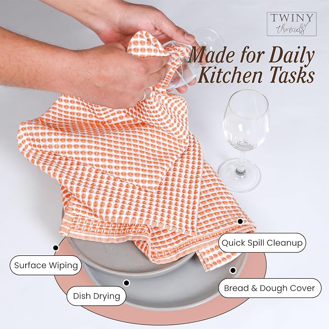 TWINY threads Circle Waffle Kitchen Dish Towels 4 Pack, 16"x26", 100% Cotton, Super Absorbent, Heavy Duty, Quick Drying Dishcloth Set, Premium Wash Rags for Drying Dishes, Cooking, Bright Orange