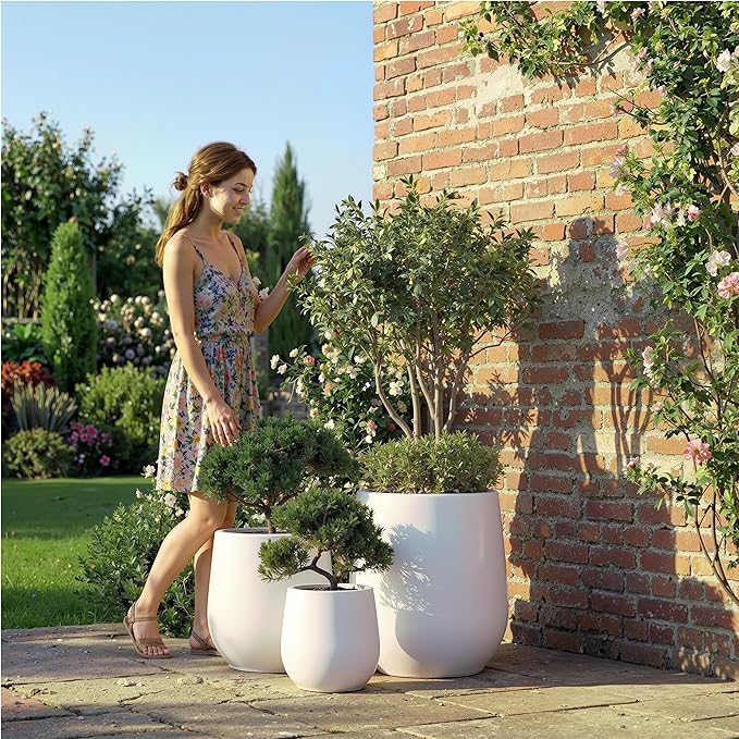 DTY Signature Mount Wilson Modern Indoor Outdoor Fiberstone Tapered Planter, Lightweight, Weather Resistant Garden Pot with Drainage Hole & Rubber Plug, Planter for Christmas Decor - White, Small