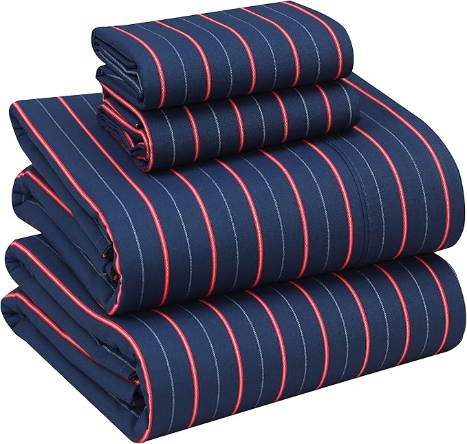 RUVANTI 100% Cotton Full Size Bed Sheets, 4 Pieces, Soft & Breathable Percale Weave Bedding, Deep Pocket 16", Hotel Standard, Crisp Cool Feel, Durable, Perfect Sheet Set Striped, Nautical