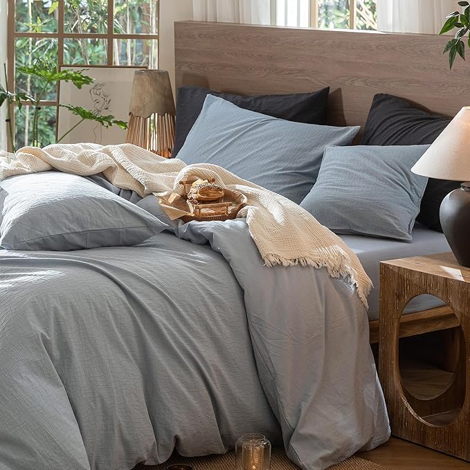MooMee Wavy Striped Duvet Cover Set 100% Washed Cotton Linen Like Textured Breathable Durable Soft Comfy (Cornflower Blue, King 104"x90")