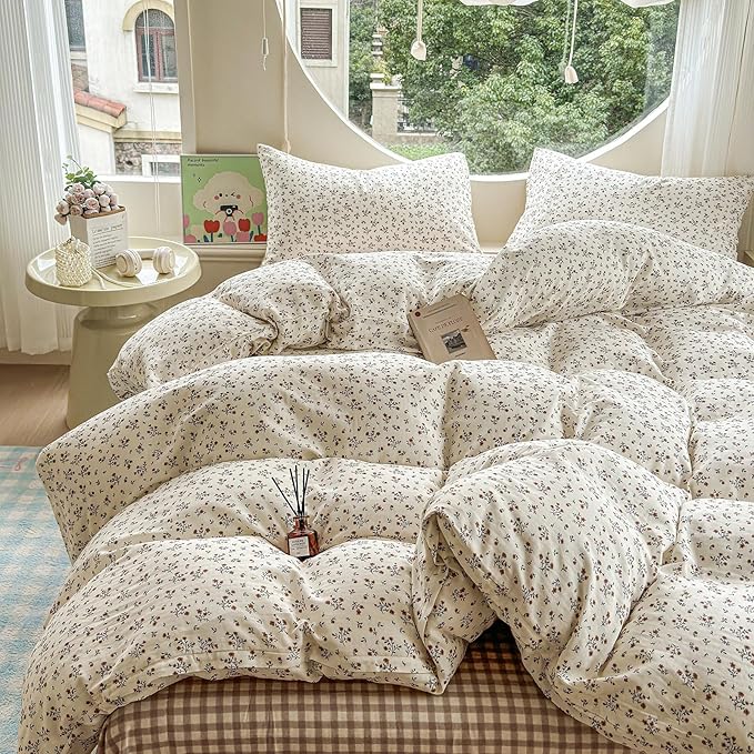 LifeTB 100% Cotton Muslin Duvet Cover King Size Vintage Botanical Floral Duvet Cover Ultra Soft Flower Comforter Cover Lightweight Soft Breathable Gauze Bedding Comforter Cover with 2 Pillowcases