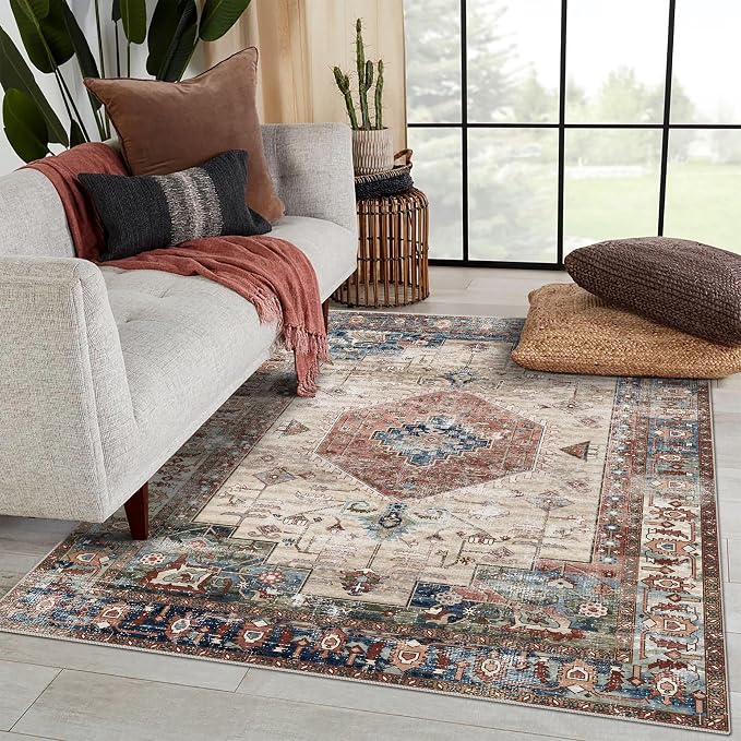 vivorug 4x6 Rug, Small Area Rug for Living Room, Bedroom, Kitchen, Machine Washable Non-Slip Throw Rug, Vintage Carpet for Entryway Nursery Coffee Table - Durable (Brown)