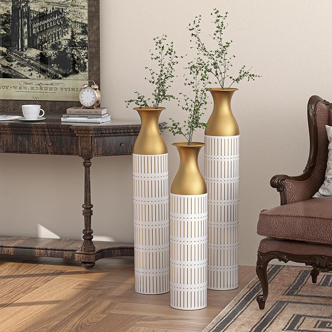 Metal Floor Vases Decorative, Set of 3 Flower Arrangement Stand, White Glazed Metal Decorative Vase Tall Distressed Metallic Centerpiece Vases, 33.5", 28.7", 24" H (White PU)
