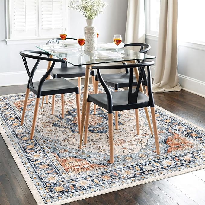 vivorug 4x6 Rug, Boho Small Area Rug for Living Room, Bedroom, Kitchen, Machine Washable Non-Slip Throw Rug, Vintage Floral Carpet for Entryway Nursery Coffee Table - Durable (Orange/Navy)