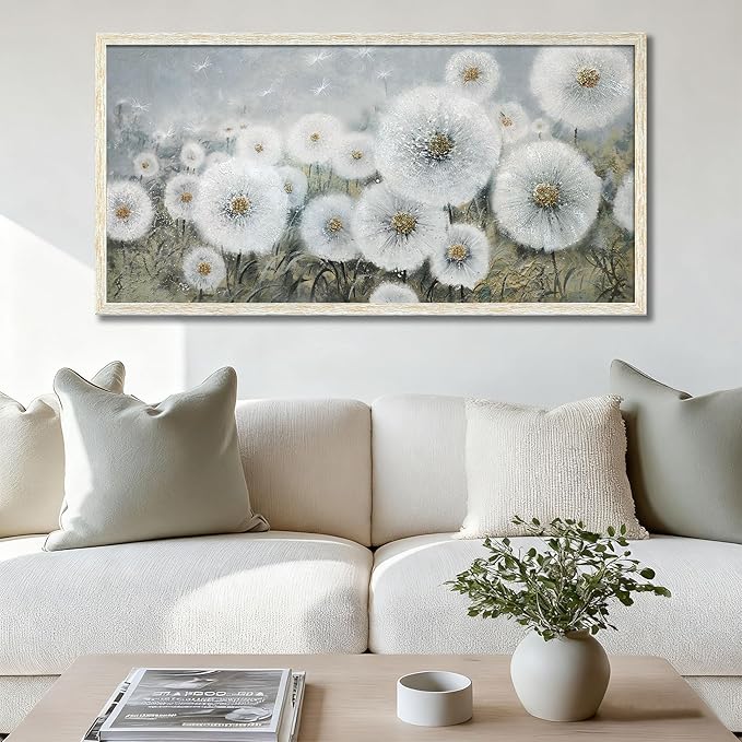 Ardemy Dandelion Wall Art Large Framed Floral Canvas Art Wall Decor Living Room Flower Paintings Pictures Textured Artwork For Walls Dining Room Bedroom Home Office, 48"x24"