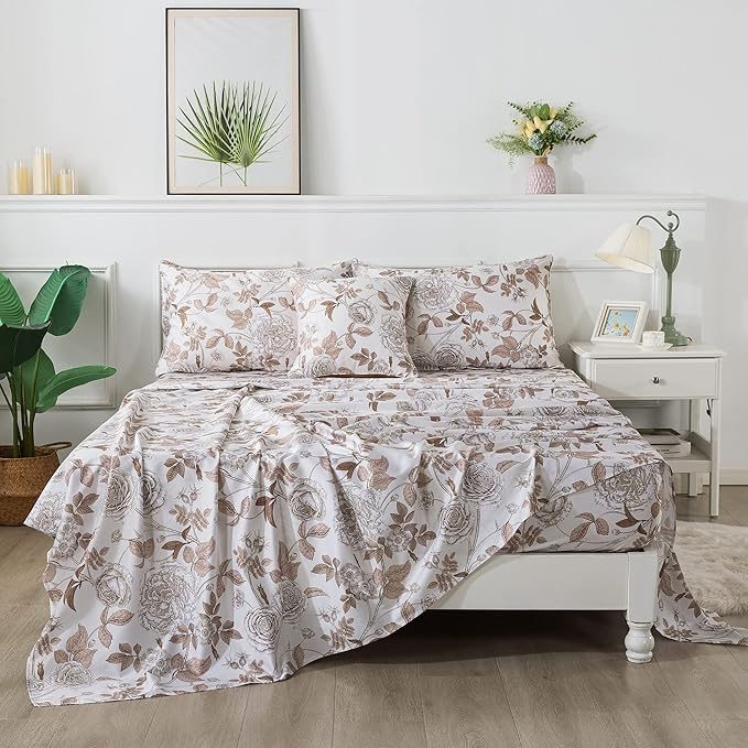 FADFAY Sheets Set Queen Vintage White and Brown Floral Bedding Elegant Peony Sheets Set Shabby Rose Farmhouse Bedding 100% Egyptian Cotton 800 Thread Count Deep Pocket Fitted Sheet 4Pcs, Queen Size
