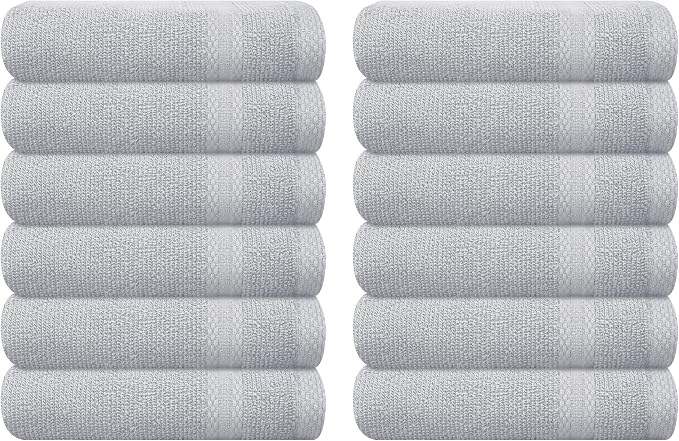 GLAMBURG Ultra Soft 12-Piece Washcloths Set 13x13-100% Ringspun Cotton - Durable & Highly Absorbent Face Towels - Ideal for use in Bathroom, Kitchen, Gym, Spa & General Cleaning - Light Grey