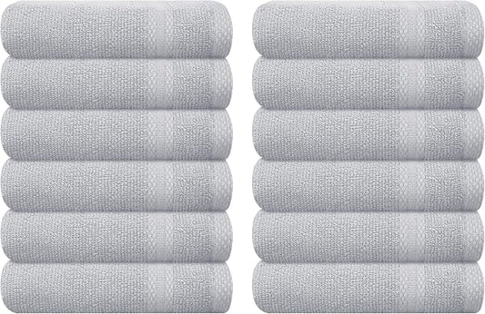 GLAMBURG Ultra Soft 12-Piece Washcloths Set 13x13-100% Ringspun Cotton - Durable & Highly Absorbent Face Towels - Ideal for use in Bathroom, Kitchen, Gym, Spa & General Cleaning - Light Grey