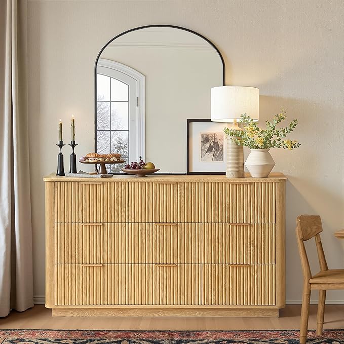 win2win 9 Drawer Dresser, Mid Century Modern Dresser with Storage, 55" Wide Fluted Chest of Drawers with Faux Marble Top, Dressers TV Stand, Drawers Organizer for Bedroom, Living Room, Hallway, Oak