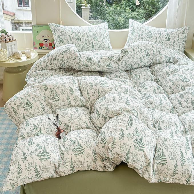 LifeTB Muslin Duvet Cover Twin Size 100% Cotton Botanical Floral Comforter Cover Ultra Soft Cottagecore Bedding Set Lightweight Linen Feel Textured Breathable Gauze Duvet Cover with 2 Pillowcases