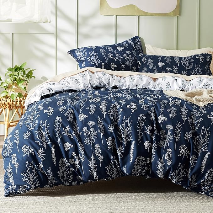 Bedsure Duvet Cover Queen Size - Reversible Navy Blue Queen Duvet Cover Set with Zipper Closure, 3 Pieces Floral Patterned Bedding Set with 8 Corner Ties and 2 Pillow Shams
