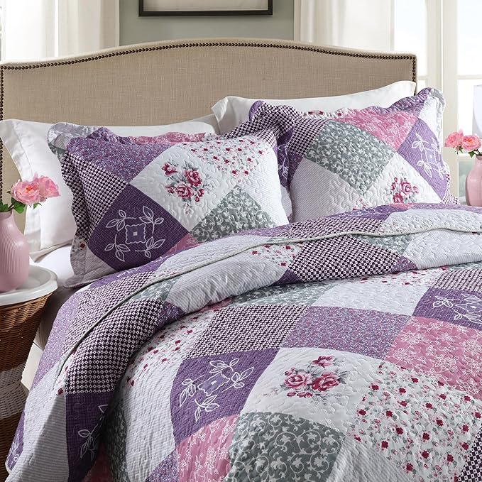 HoneiLife Quilt Set Twin Size - 2 Piece Microfiber Quilts Reversible Bedspreads Patchwork Coverlets Floral Bedding Set All Season Quilts with Geometric and Little Rose Print Pattern，Purple
