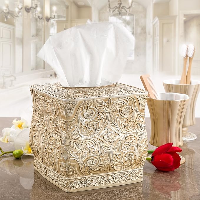 Creative Scents Victoria Tissue Box Cover Square – Beige Tissue Holder for Bathroom - Decorative Tissue Box Holder with Durable Bottom Slider - Boho Bathroom Decor