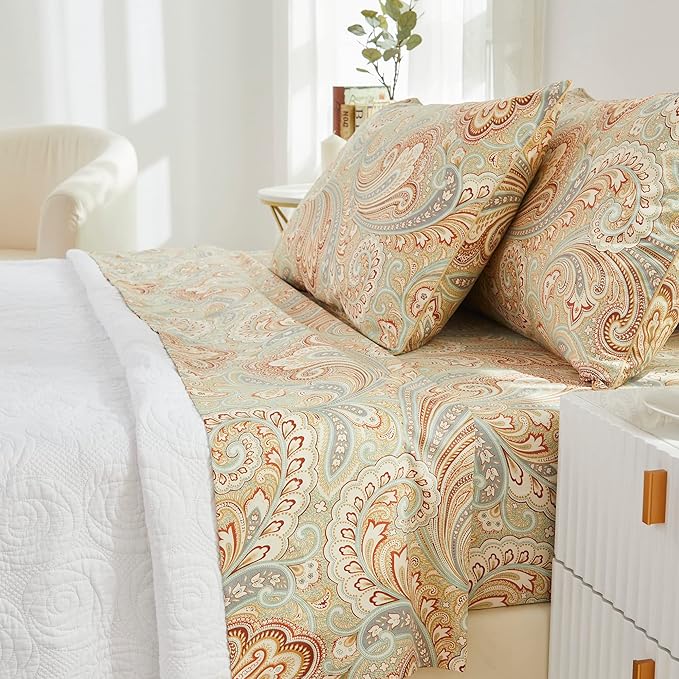 Brandream Paisley Bedding Gold Classy Regal Themed Boho Bed Sheet Set Luxury Bedding Collections 800 Thread Count 100% Egyptian Cotton Deep Pocket, 4 Piece-Queen Size