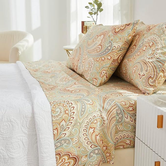 Brandream Paisley Bedding Gold Classy Regal Themed Boho Bed Sheet Set Luxury Bedding Collections 800 Thread Count 100% Egyptian Cotton Deep Pocket, 4 Piece-Queen Size