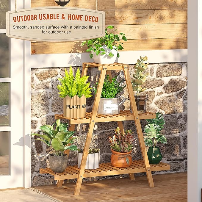 GHWIE Plant Stand Indoor Plant Shelf Outdoor bamboo Plant Rack, 3 Tiers Ladder Plant Holder Flower Stand for Living Room Balcony Garden Patio,Living Room Boho Home Decor for Gardening Gifts (Natural)