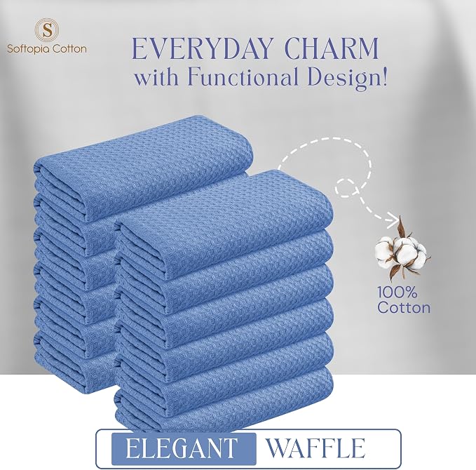 Sky Blue Kitchen Dish Towels Set of 12-100% Cotton Waffle Weave, Super Absorbent, Soft, Quick Drying, 16x26 Inches, Ideal for Cleaning, Bar, Tea, and Everyday Use, Light Blue