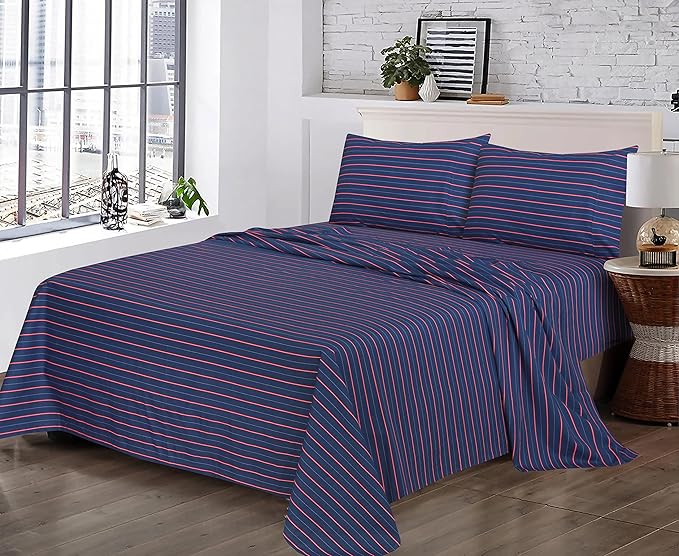 RUVANTI 100% Cotton King Size Sheets Set, 4 Pieces, Soft & Breathable Percale Weave Bedding, Deep Pocket 16", Hotel Standard, Crisp Cool Feel, Durable, Perfect Striped Bed Sheet, Nautical