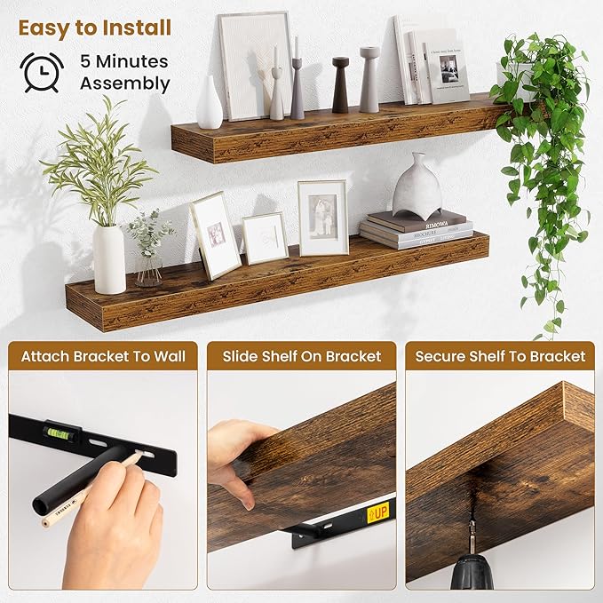 Fun Memories Floating Shelves for Room Wall, 36 Inch Long Shelf Set of 2， Hanging Wood Shelves for Storage & Display, Rustic Brown