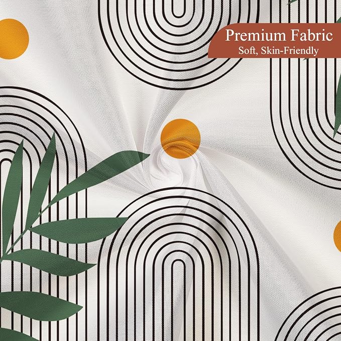 Boho Mid Century Shower Curtain Abstract Arch Geometric Sun Curve Rainbow Tropical Leaves Minimalist Shower Curtain Aesthetic Beige Bathroom Decor Fabric Curtains Set 48x72 inch