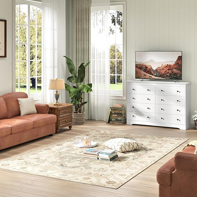White Dresser for Bedroom，55" Wide 8 Drawers Dressers,Modern Wooden Chest for Living Room, Hallway