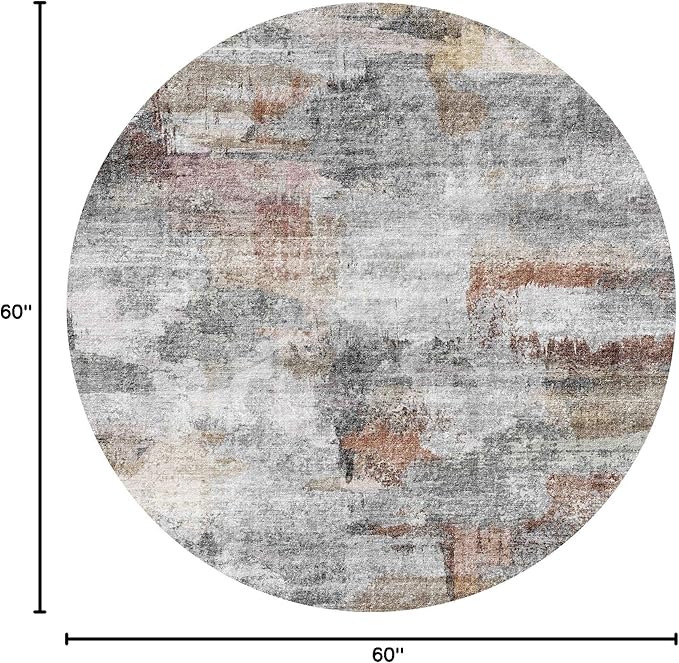vivorug Round Rug 5ft Abstract Round Area Rug Non-Slip Indoor Carpet for Living Room Bedroom Entryway, Stain Resistant Home Decor Circle Rug, Grey/Rust